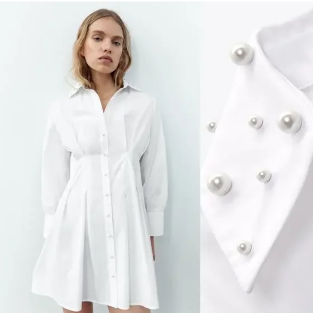 Zara White Pearl-Embellished Shirt Dress